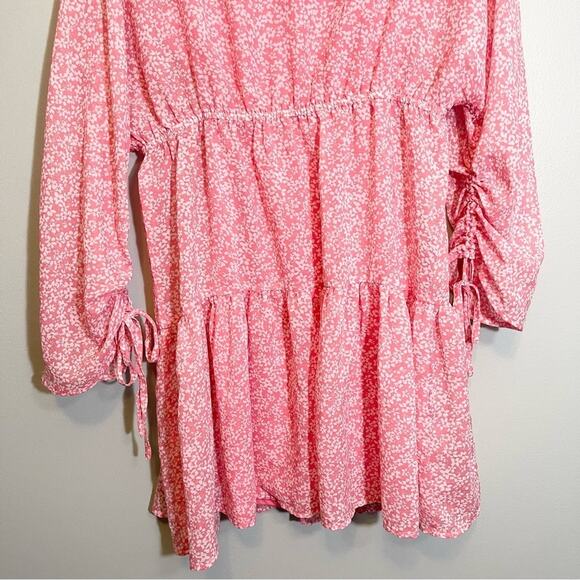 Influence Women's Pink Floral Crew Neck Shirred Sleeve Tiered Mini Dress Size 8 - Picture 9 of 16